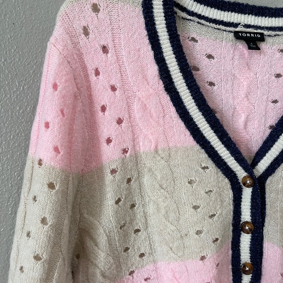 Plus Sz 1X Torrid Vegan Cashmere Pullover Henley Striped Sweater Pink Navy Beige - Picture 4 of 8